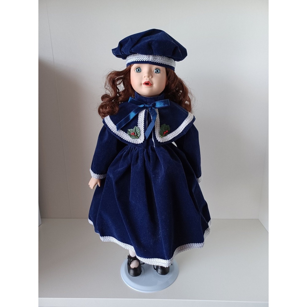 Vintage Porcelain Doll 16" Tall In Blue Dress And Hat With Stand Toy Collectible